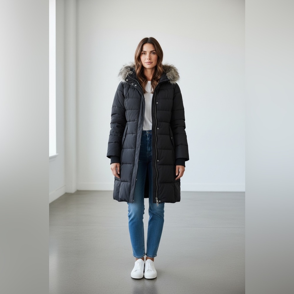 Lucky Brand Black Long Quilted Hooded Puffer with Faux Fur Trim